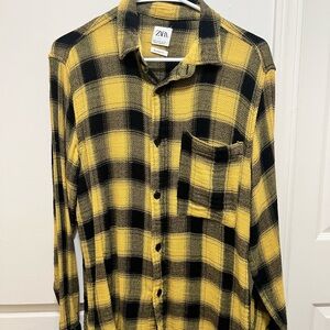 Zara Men's Yellow and Black Plaid Shirt